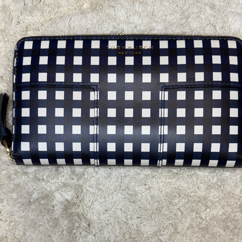 Tory Burch T Block Navy and White Checkered Continental Zip Around Wallet